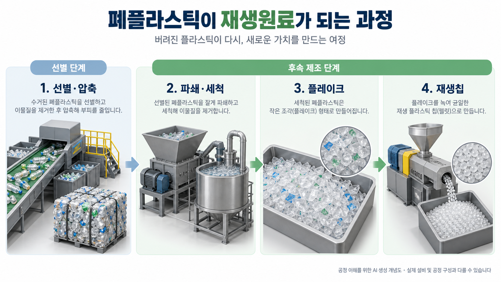 A사업장에서 설명한 선별·재생원료 제조 흐름을 참고한 AI 생성 개념도입니다. 실제 설비의 배치·구성과 다를 수 있습니다.